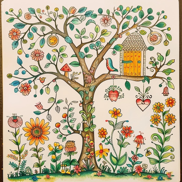 a drawing of a tree with a bird house and a bird house