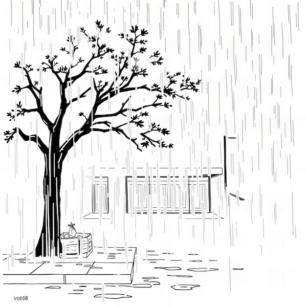 a drawing of a tree with a building in the background