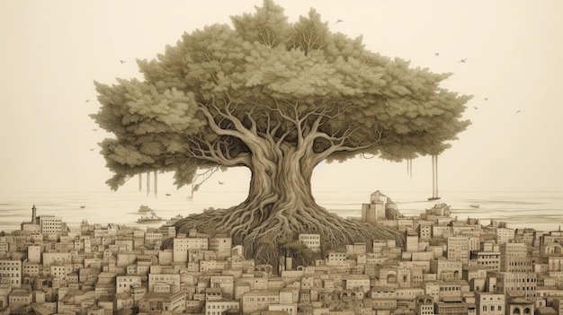 A drawing of a tree with a city in the background