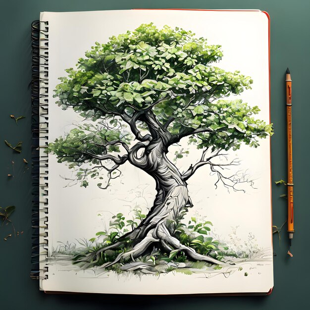 Photo a drawing of a tree with a green leaves and a black and white drawing of a tree