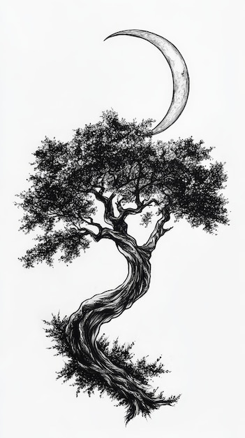 a drawing of a tree with a moon and a moon in the background