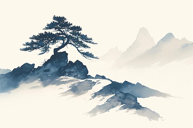 a drawing of a tree with mountains in the backgroundJiangnan landscape natural scenery Chinese styl