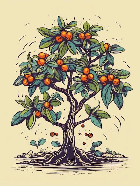 a drawing of a tree with oranges and a number of letters on it