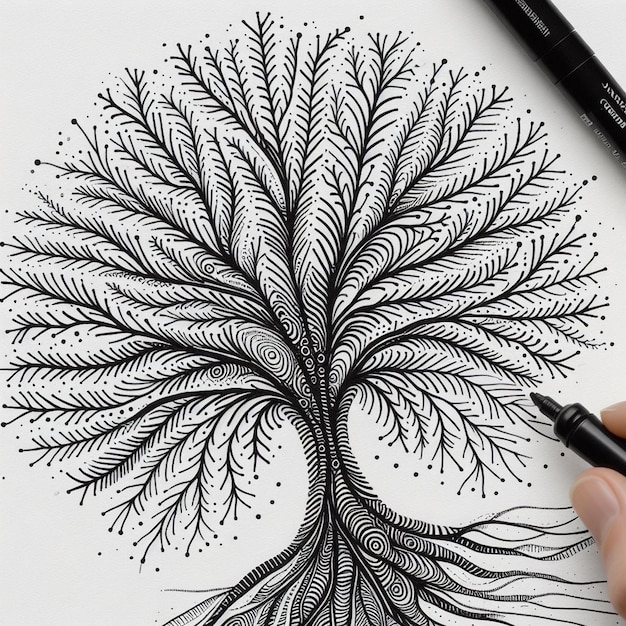 Photo a drawing of a tree with a pen that says quot leaf quot