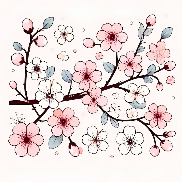 Photo a drawing of a tree with pink flowers and leaves