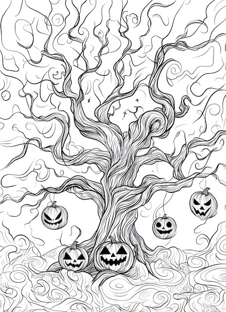 Photo a drawing of a tree with pumpkins on it