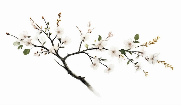 a drawing of a tree with white flowers and a bird on it