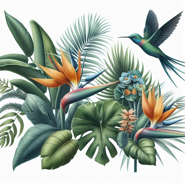 a drawing of a tropical bird and flowers with a bird on it