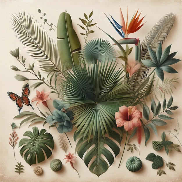 a drawing of a tropical plant with butterflies and flowers