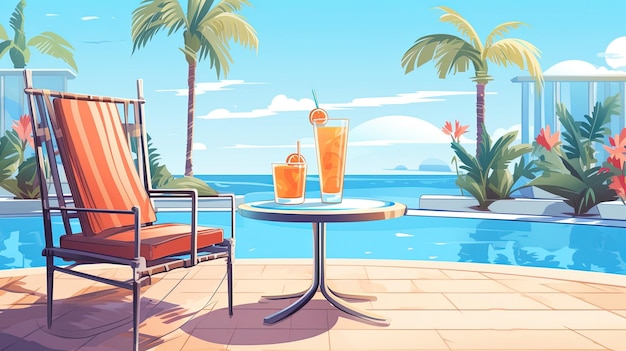 a drawing of a tropical scene with a palm tree and a table with a drink on it