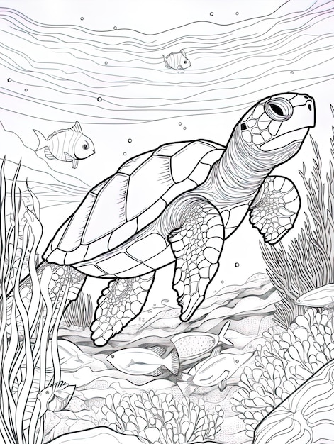 a drawing of a turtle and fish with a fish in the background.