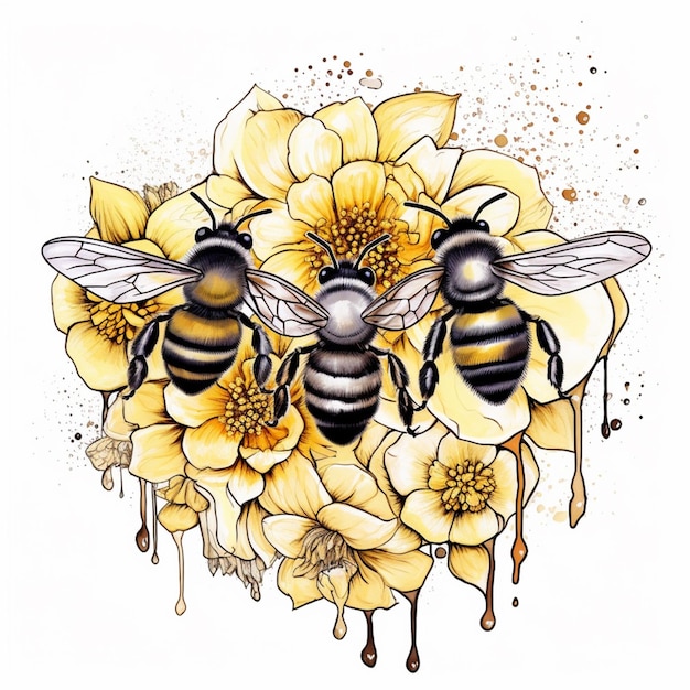 a drawing of two bees with flowers and dripping paint generative ai