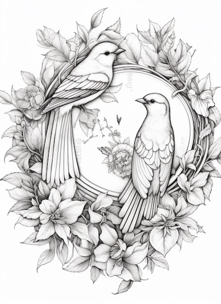 A drawing of two birds sitting on a wreath of flowers generative ai