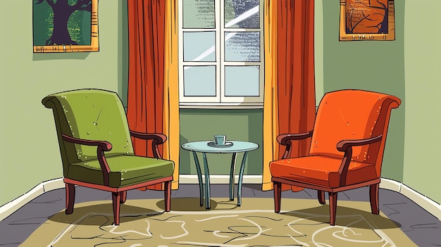 a drawing of two chairs and a coffee table in a room with a window that says quot the word quot on i