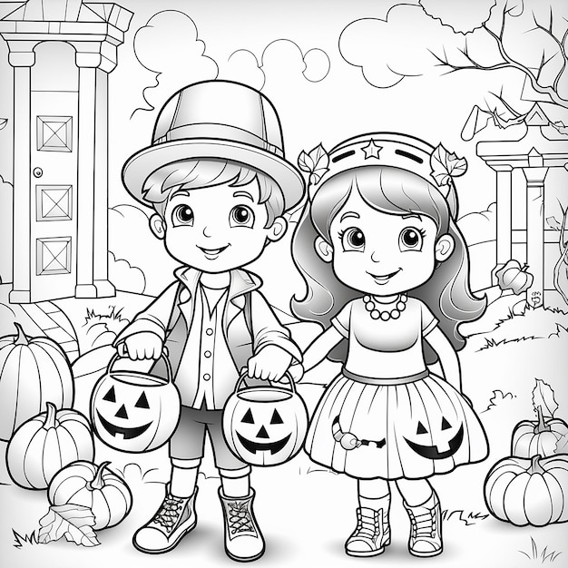 a drawing of two children holding pumpkins and a building in the background