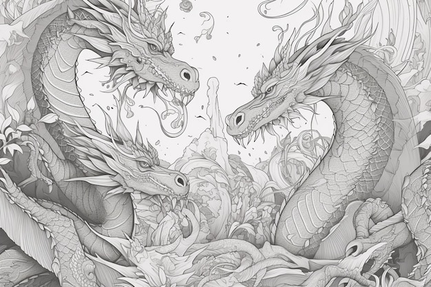 A drawing of two dragons with a mountain in the background.