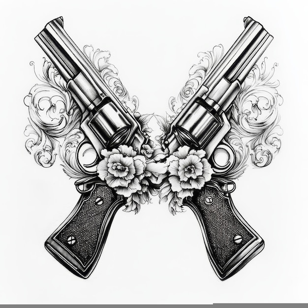 Photo a drawing of two guns and flowers