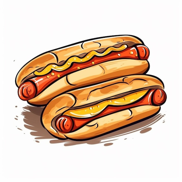 A drawing of two hot dogs with cheese and a bun with a bun with a hole in it.