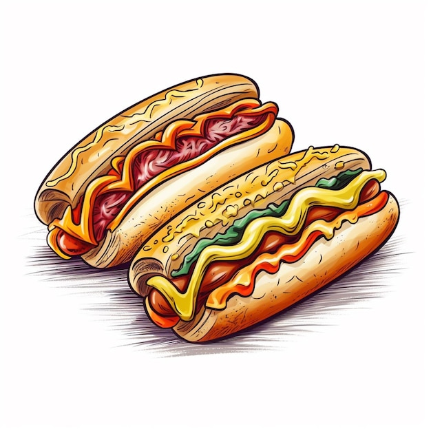 A drawing of two hot dogs with mustard, ketchup, and mustard on them.