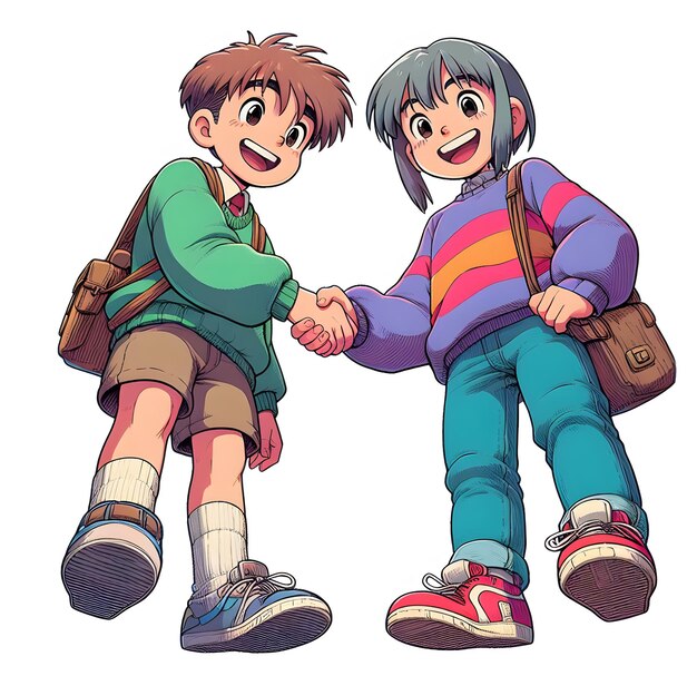 a drawing of two kids shaking hands with one wearing a green sweater