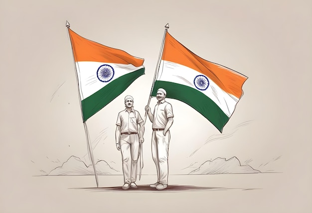 a drawing of two men and a flag with the words quot india quot on it