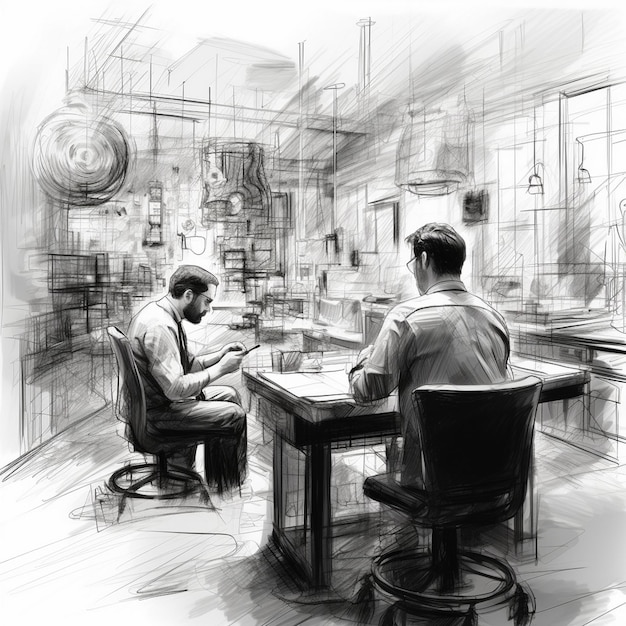 Photo a drawing of two men sitting at a table with a man reading a book.