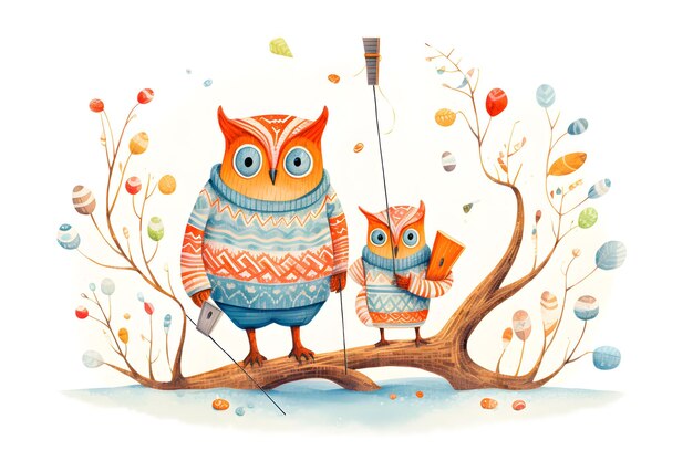 Photo a drawing of two owls with a long pole in the background