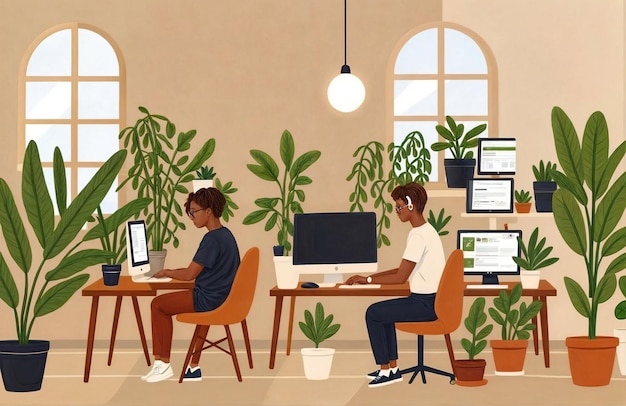 a drawing of two people working in an office with plants and plants