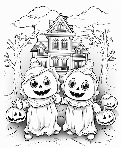 a drawing of two pumpkins with a house in the background