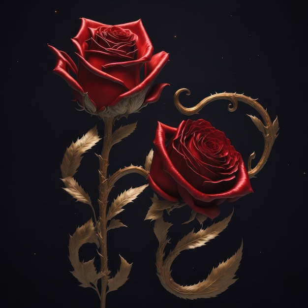 A drawing of two roses with gold leaves and the words love on the bottom