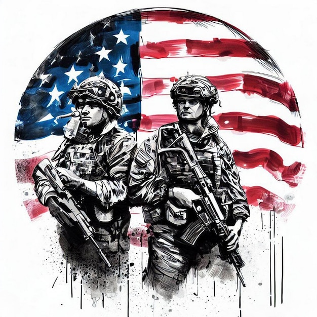 A drawing of two soldiers in front of an American flag resembling the memorial day