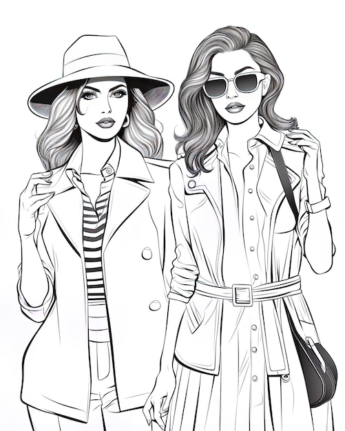 Photo a drawing of two women with sunglasses and hat