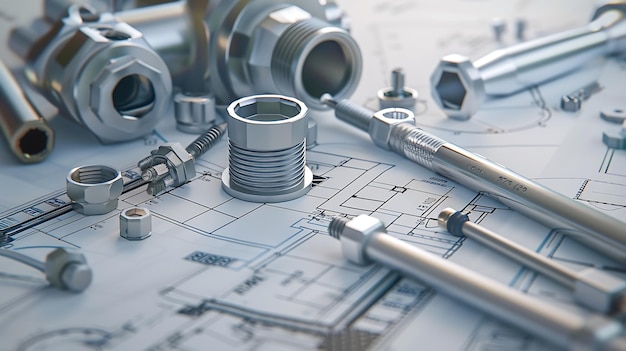 Drawing up a plumbing repair plan with spare parts and tools on blueprints Generative AI