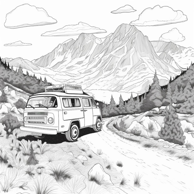 A drawing of a van driving down a dirt road in the mountains generative ai