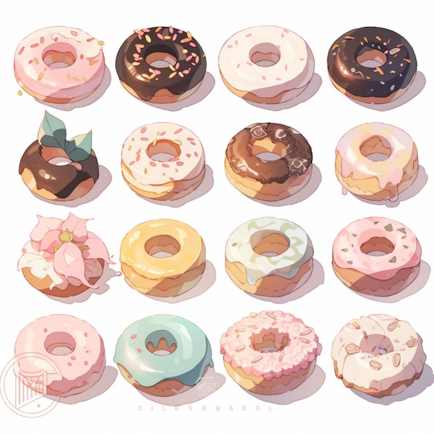 A drawing of a variety of donuts with different flavors.