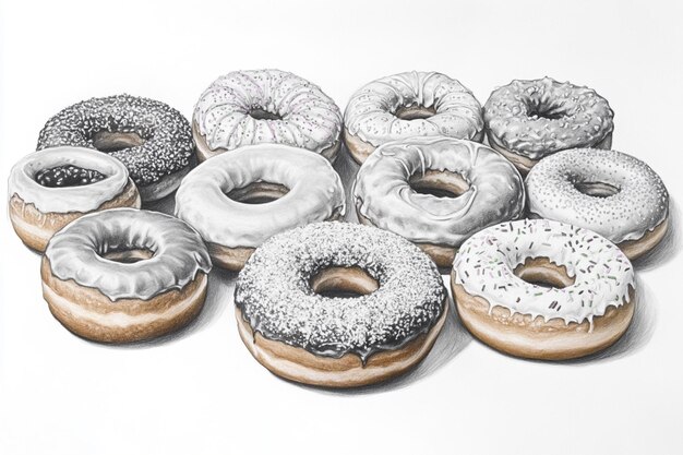 a drawing of a variety of donuts with a white background