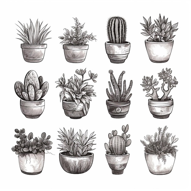 a drawing of a variety of potted plants in different shapes generative ai