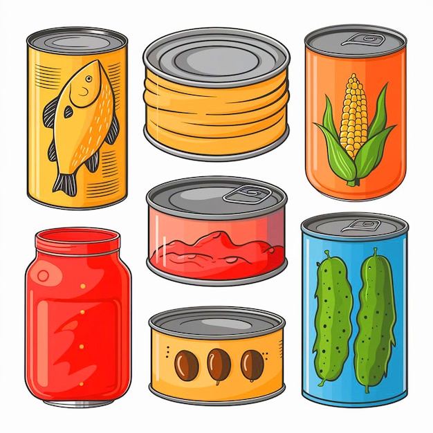 Photo a drawing of various cans and cans of fish and vegetables