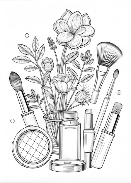 Photo a drawing of various cosmetics and makeup brushes