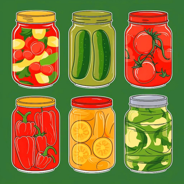 a drawing of various jars of pickles and tomatoes