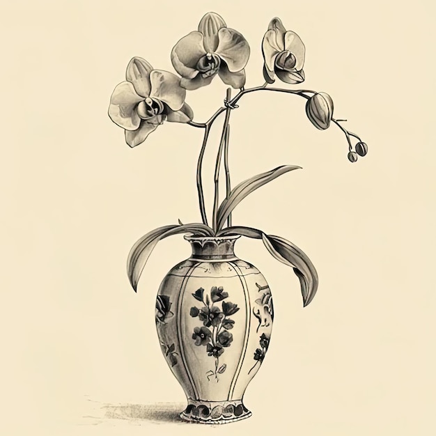 Photo a drawing of a vase with flowers in it