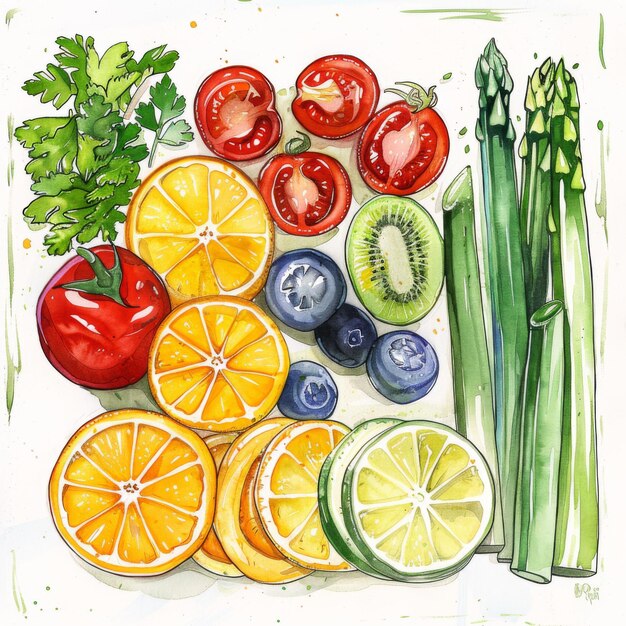 a drawing of vegetables and fruits including carrots celery celery and celery