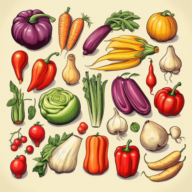 a drawing of vegetables including carrots, onions, onions, and peppers.