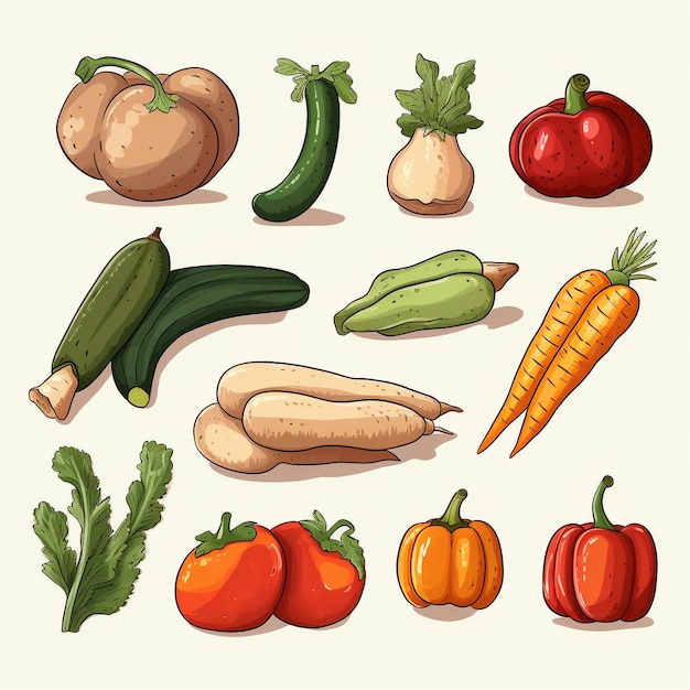 a drawing of vegetables including carrots, tomatoes, and other vegetables.