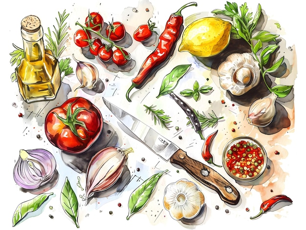 a drawing of vegetables and a knife on a table