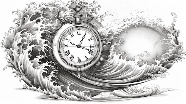 Photo drawing vintage clock in waves generative ai