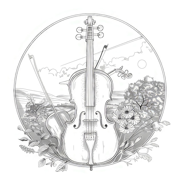 Photo a drawing of a violin with a picture of a violin and flowers