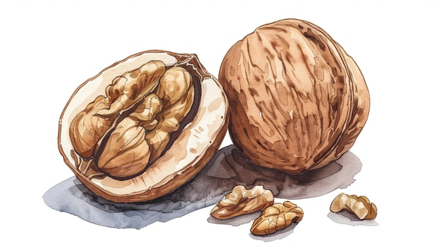 a drawing of a walnut and a half shell of walnuts