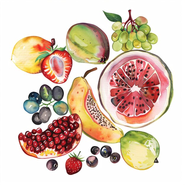 Photo a drawing of a watermelon grapes and other fruits