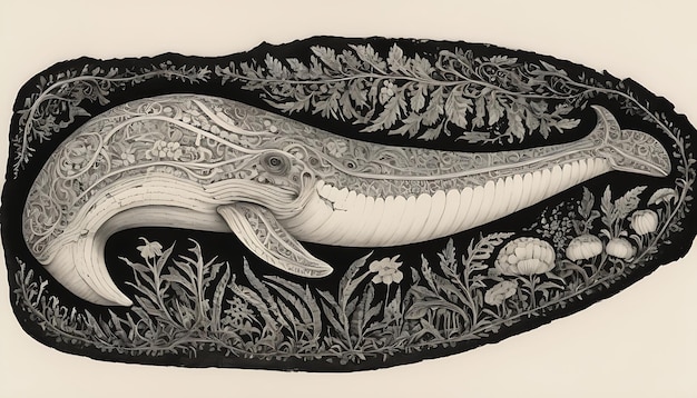 a drawing of a whale with a floral pattern on it